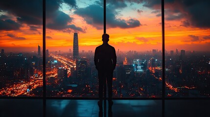 Poster - man stands in an office window, gazing out at the city view, representing ambition and success.illustration