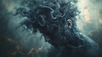 Aufkleber - man with his head filled with messy, chaotic lines.