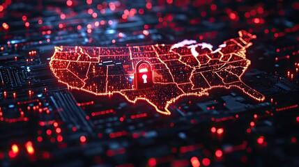 Poster - map of the United States with glowing red lights and an American flag, featuring lock symbolizing security.stock photo