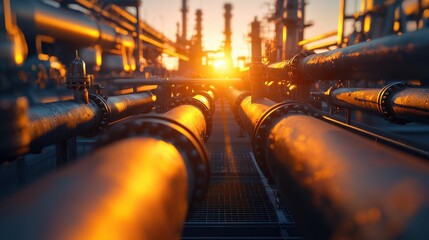 Engineering Marvel: Close-Up of Intertwining Refinery Pipelines Under Bright Sunlight