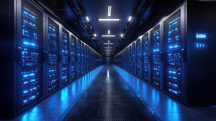 Fototapete - modern server room with rows of advanced computer equipment housed in black and blue cabinets.image