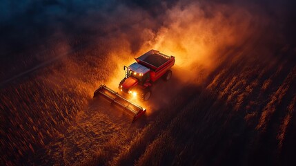 Poster - panoramic aerial view shows combine harvester working at night, illuminated by lights as it harvests the field.
