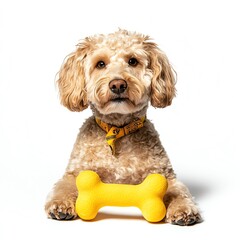 A cute dog with a yellow bandana holds a yellow bone.