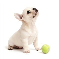 A playful French bulldog puppy sitting attentively next to a bright green tennis ball, showcasing its adorable features.