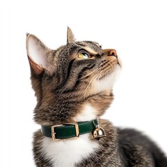 A tabby cat with green collar and bell looking up, isolated on white background.