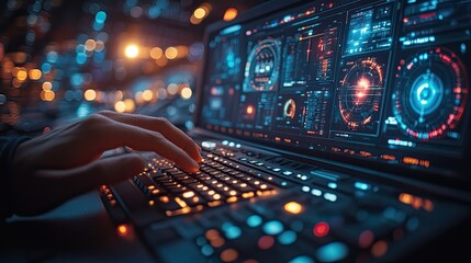 Aufkleber - person typing on keyboard in control room, with hands in focus and dark blue color scheme in the background.