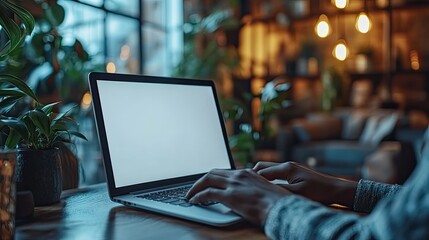 Poster - person typing on laptop with blank white screen, close-up of hands working at an office desk.illustration