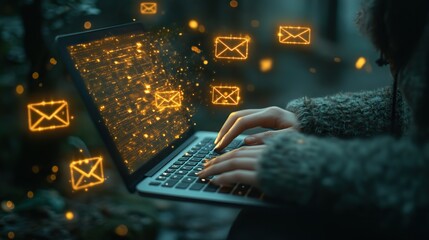 Poster - person typing on laptop with multiple floating email icons, illustrating active digital communication.stock photo