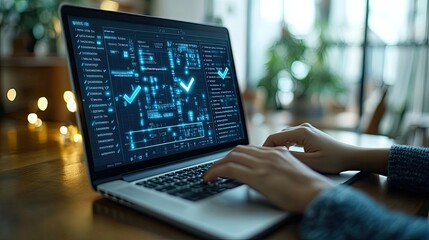Poster - person using laptop with check mark icon floating on the screen while filling out an online form.
