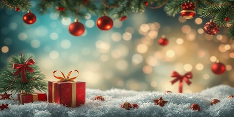 Poster - Red gift boxes sit on a snowy surface with a glowing bokeh background.