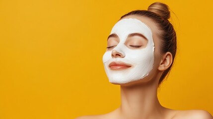 Woman with facial mask relaxing against yellow background