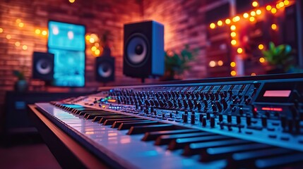 Aufkleber - professional music studio equipped with modern recording gear, featuring mix of instruments and digital workstations.image