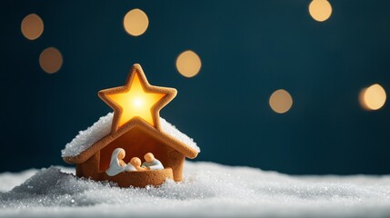 Nativity Scene with Star and Snow: A miniature nativity scene with a glowing star, nestled in a snowy landscape, evokes warmth and serenity.  The bokeh lights in the background add a magical touch.