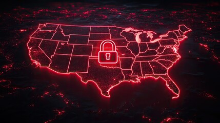 Poster - red light outline of the United States with an American flag and glowing padlock representing security.