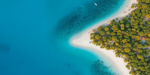 Wall Mural - Aerial view of a small, tropical island with turquoise water.