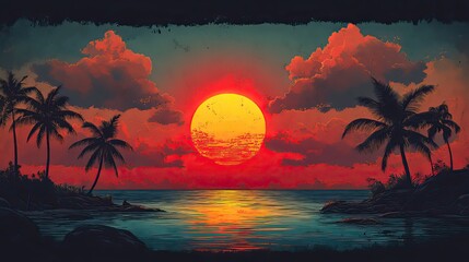 Aufkleber - retro-style sunset over the ocean with palm trees and clouds.image