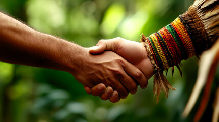 A handshake between two individuals showcasing cultural diversity and unity, surrounded by a lush green background representing nature's beauty.