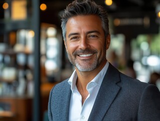 smiling man in casual attire standing in a modern coffee shop environment.