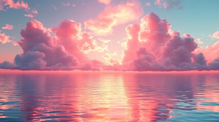 Poster - seascape with azure water and pink clouds reflected, representing serene and atmospheric natural background, perfect for travel, vacation, or zen concepts in banners or posters.stock photo