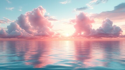 Poster - seascape with azure water and pink clouds reflected, representing serene and atmospheric natural background, perfect for travel, vacation, or zen concepts in banners or posters.