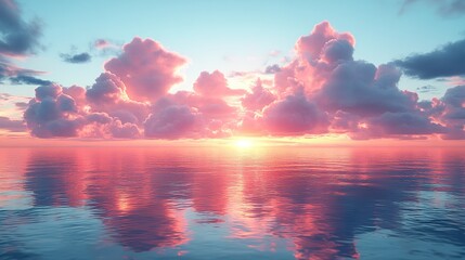 Poster - seascape with azure water and pink clouds reflected, representing serene and atmospheric natural background, perfect for travel, vacation, or zen concepts in banners or posters.illustration