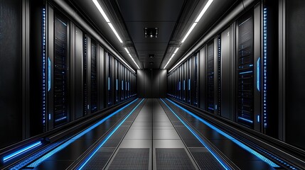 Aufkleber - server room filled with high-end black and blue computer equipment, lit by bright white lighting.image
