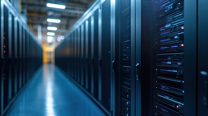 Fototapete - server room filled with high-end black and blue computer equipment, lit by bright white lighting.stock photo