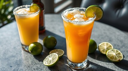 Two refreshing citrus beverages with ice, garnished with lime slices, on a table with additional limes