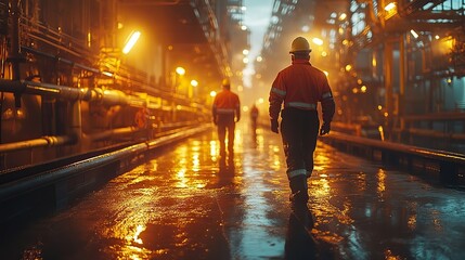 Poster - silhouette of oil workers working on an oil rig at sunrise, the light casting sharp shadows on the ground.illustration