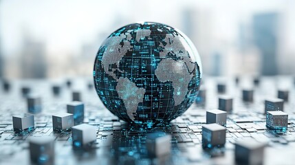 Poster - silver digital globe surrounded by small cube icons on white background represents global network connections.image