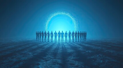 Poster - simple ten people standing in an open circle, facing each other, set against blue background, symbolizing unity.