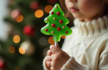 Wall Mural - close-up a child in a white sweater holds in hand a lollipop in the form of a Christmas tree decorated with red, white, yellow candies on a white stick, blurred background