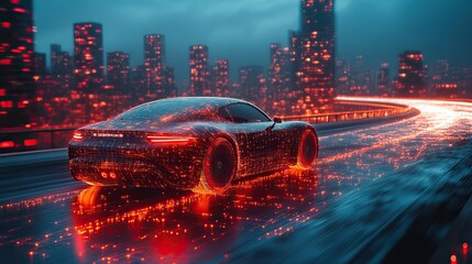 Poster - smart car with remote sensing and road scanning systems is illustrated, driving autonomously on city road.image