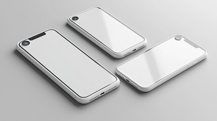 smartphone mockup with white screen is shown in different angles, ideal for advertising or presentation purposes.illustration