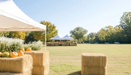 Wall Mural - Scenic Autumn Harvest Festival in Open Field with Hay Bales and Tents