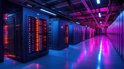 Fototapete - spacious server room with rows of computer cabinets, lit by bright lights to highlight the advanced technology.illustration