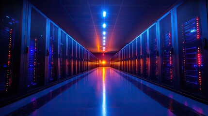 Fototapete - spacious server room with rows of computer cabinets, lit by bright lights to highlight the advanced technology.image