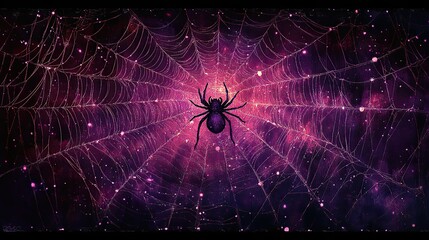 spooky spider web pattern in purple tones, adding an eerie touch to black background.stock photo