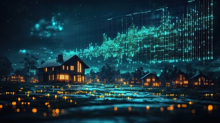Poster - stock market chart rises with blue and green lines, with houses below and clear sky above, symbolizing growing market.
