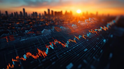 Poster - stock market chart with blue and green arrows above houses, under clear sky with the sun shining, representing growth in real estate.illustration