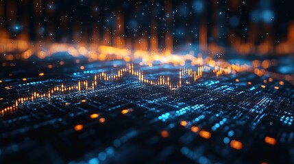 Poster - stock market graph with blue and orange lines on dark background symbolizes financial dat and market growth.stock photo