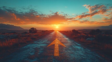 Poster - straight road with an arrow painted on it stretches toward the horizon at sunset, symbolizing direction and progress.