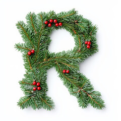 Christmas alphabet letter R made of fresh green fluffy branches and red berries. Clean background. Generative AI