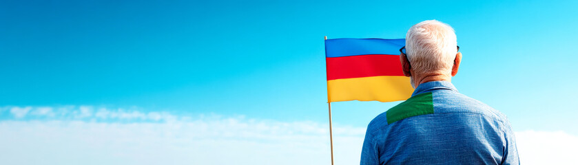 An elderly man stands proudly with the German flag against a bright blue sky, symbolizing heritage and pride.