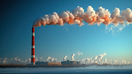 Poster - tall smokestack with red and white stripes, releasing smoke into the blue sky, highlighting air pollution.