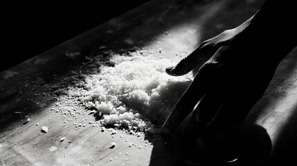 Black and White Photography of a Hand Kneading Dough with Flour