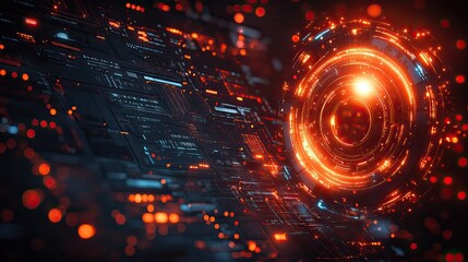 Fototapete - tech-themed background with digital elements and symbols, featuring circular gear on the right and space for logo.