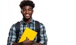 © eric.rodriguez - Smiling young African American college student with books and backpack, wearing glasses, isolated on white background