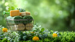 © ภูริพัฒน์ ภิรมย์กิจ - Nature's Embrace: Organic Soaps and Towels in a Miniature Shopping Cart.  A serene image showcasing eco-friendly bath products nestled in a lush green landscape.