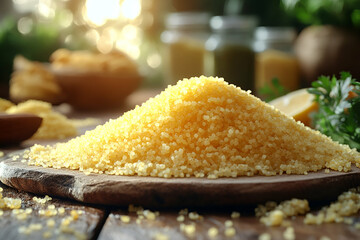 A vibrant, close-up view of a pile of yellow semolina on a wooden surface, surrounded by jars and fresh herbs, conveying a warm, rustic kitchen ambiance.